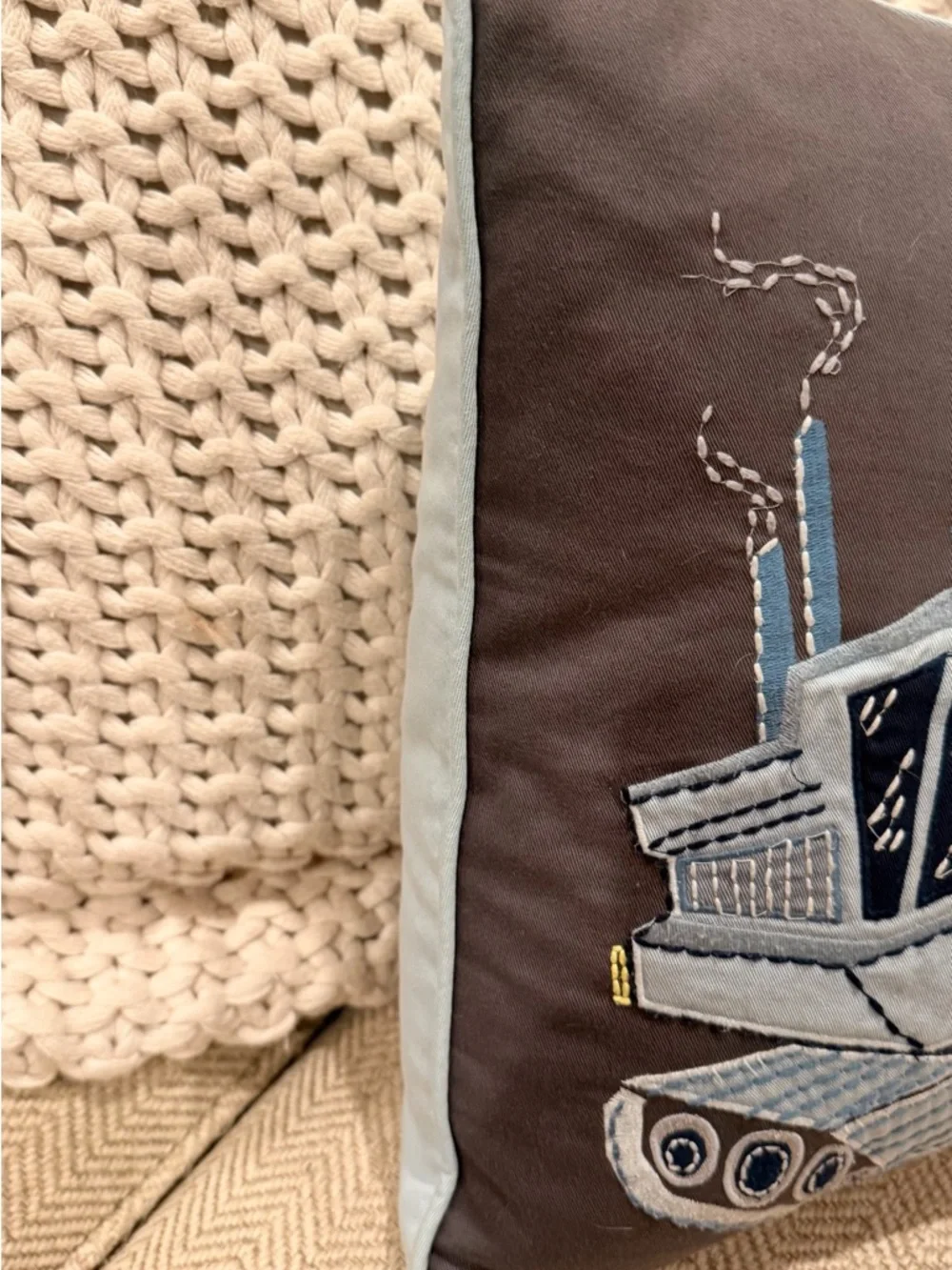 Pottery Barn Kids Construction Pillow 🔹Monogram A🔹Gray Blue Excavator